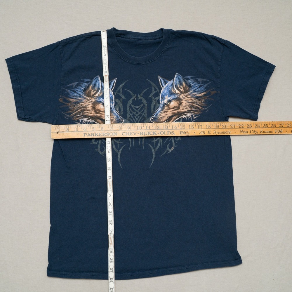 Vintage Y2k 2000s Tribal Sigil 2 Wolves Navy Blue T Shirt Adult M Surf Skate - Picture 5 of 5